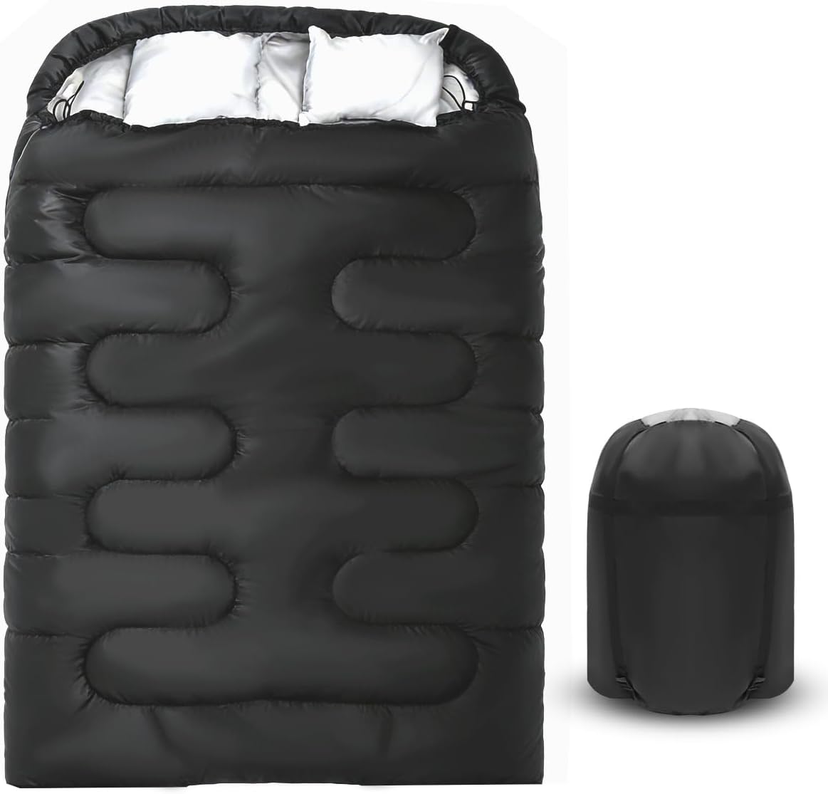 Double Sleeping Bag for Adults Camping,Bring Pillow, XL Queen Size Sleeping Bags for 2 Person Hiking Backpacking, Lightweight Waterproof with Compression Sack