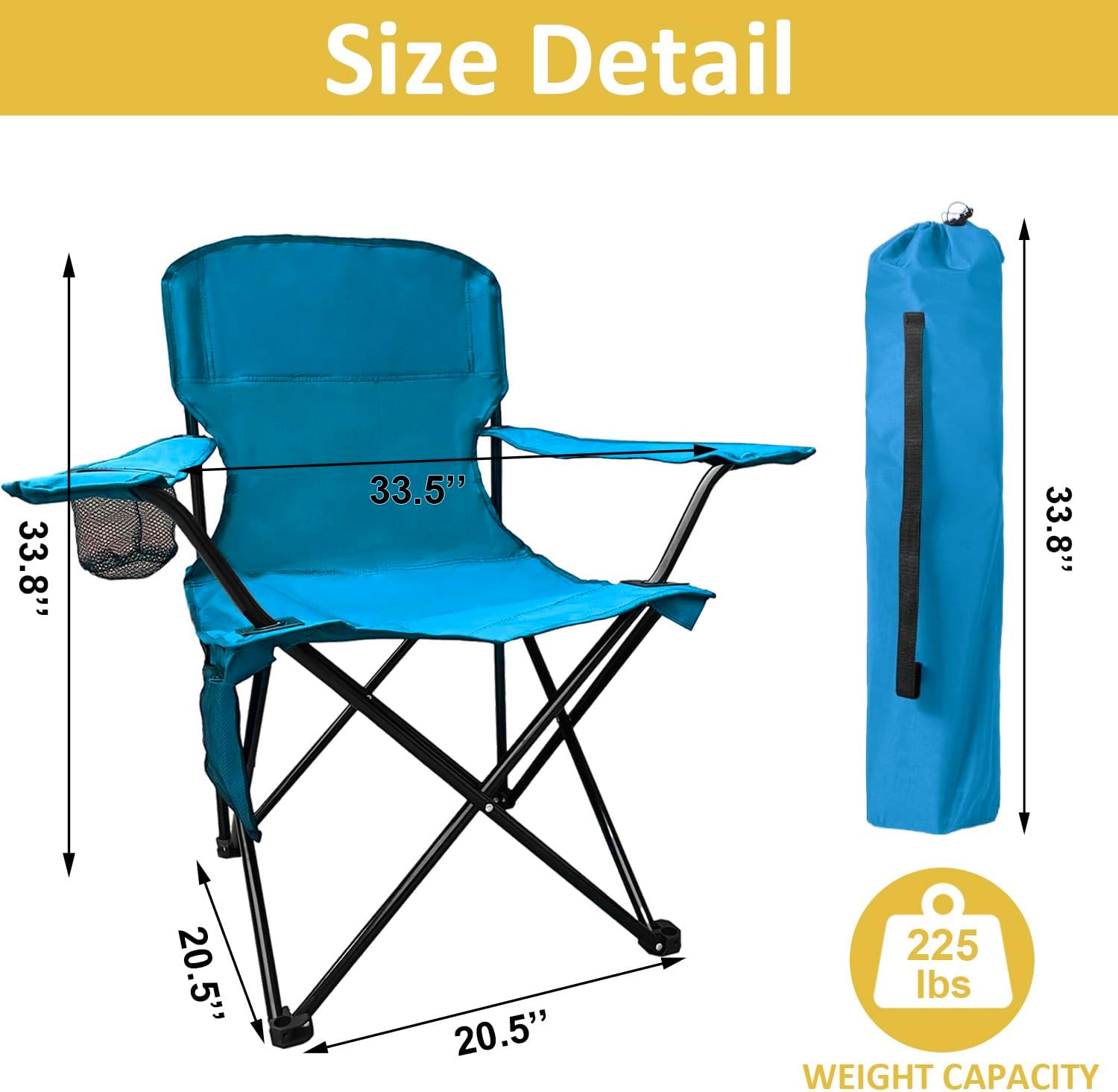 Folding Camping Chair with Cup Holder & Storage Bag, 225lbs Capacity, Large Anti-Sink Feet, Breathable  Coated Fabric for Outdoor, Hiking, Beach, Fishing, Backpacking, Blue