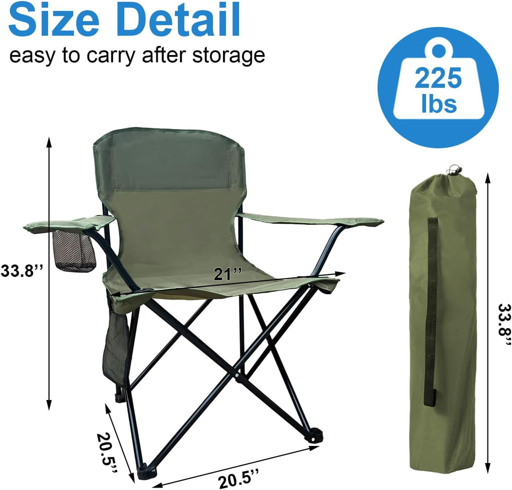 Folding Camping Chair, 225lb Capacity, Includes Cup Holder & Side Storage Bag, 5.5lbs Portable for Beach, Camping, Sport,Green