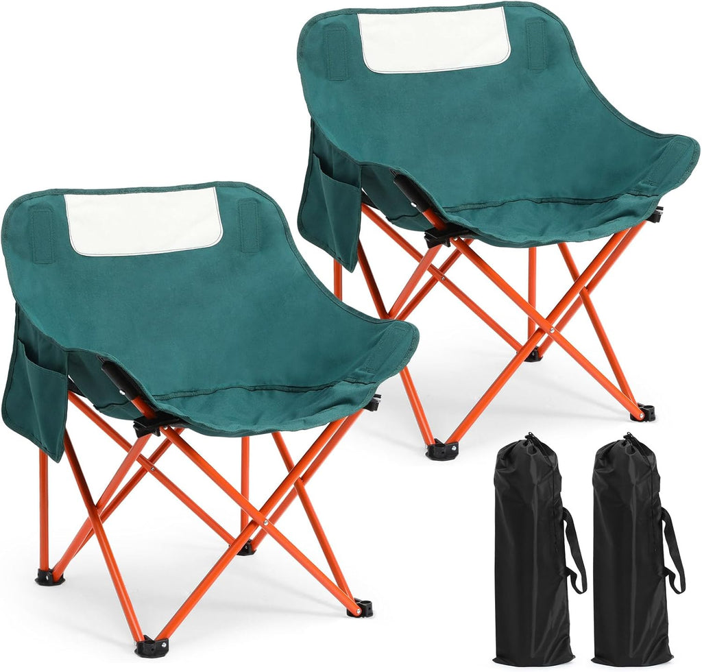 2 Pack Compact Camping Chairs Portable Folding for Outside with Carry Bag Lightweight Moon Chairs for Travel Picnic Hiking Beach Fishing,  Oxford, Supports 330lbs(Green)