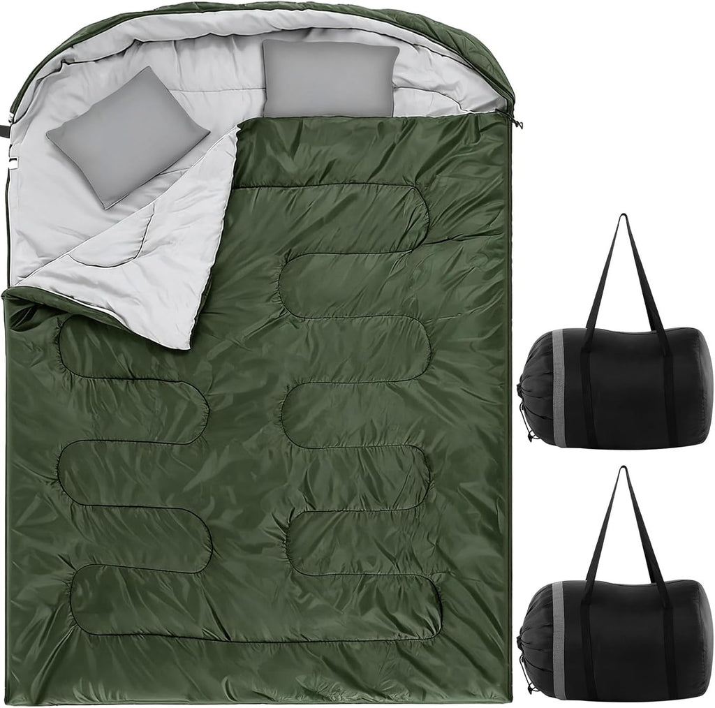 2 Pack Double Sleeping Bag for Adults, Queen Size Two Person Camping Sleeping Bag with Pillow Waterproof 3 Season Cotton Fabric for Hiking Backpacking Warm & Cold Weather
