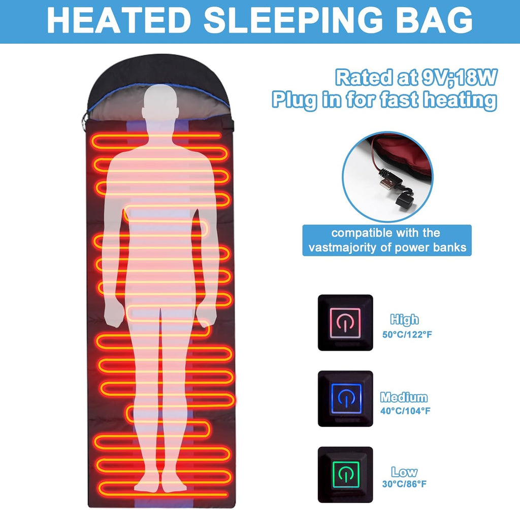 Sleeping Bags for Adults, Heated Sleeping Bag with 3 Adjustable Temperature, Waterproof  Rechargeable Heating Pads, 0 Degree Sleeping Bag for Camping Cold Weather