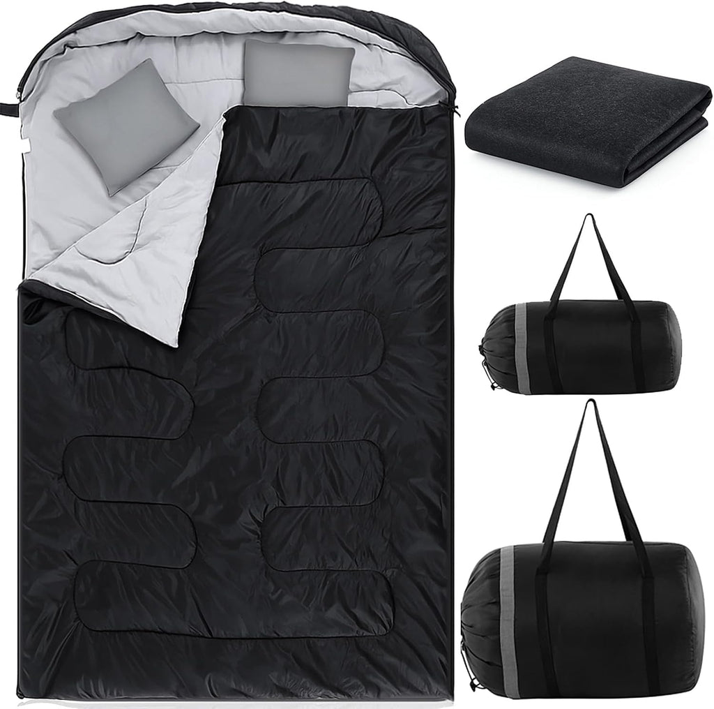 Double Sleeping Bags 2 Person Queen Size Sleeping Bag with Pillows Tent Carpet Waterproof Camping Rug for Adults Couples Family Camping Hiking Outdoor Travel