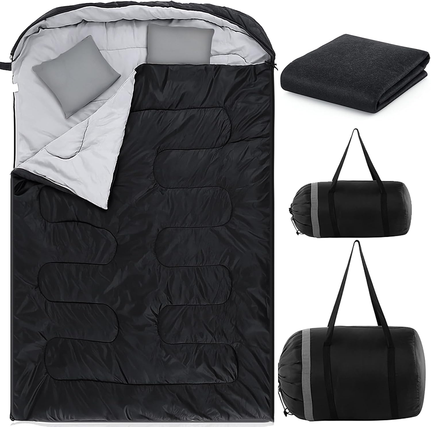 Double Sleeping Bags 2 Person Queen Size Sleeping Bag with Pillows Tent Carpet Waterproof Camping Rug for Adults Couples Family Camping Hiking Outdoor Travel