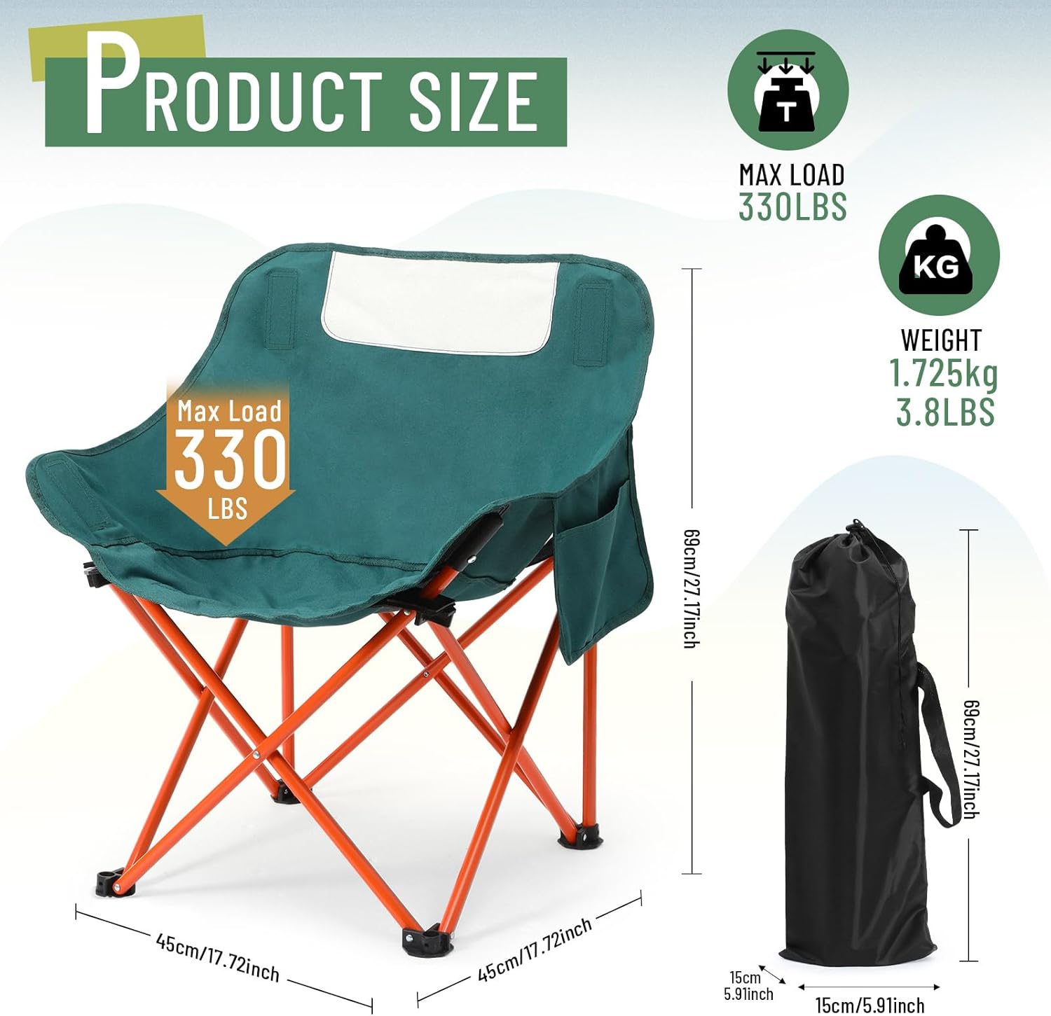 2 Pack Compact Camping Chairs Portable Folding for Outside with Carry Bag Lightweight Moon Chairs for Travel Picnic Hiking Beach Fishing,  Oxford, Supports 330lbs(Green)