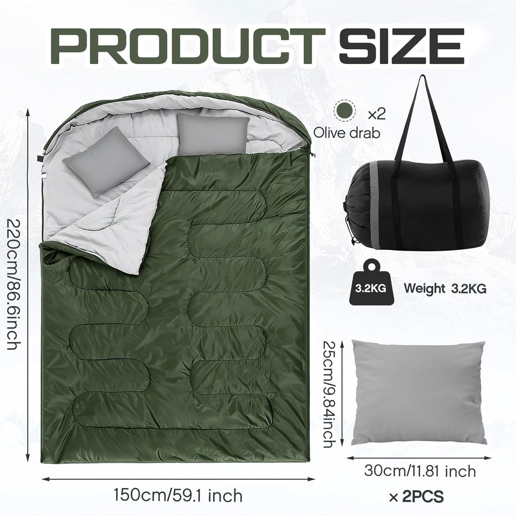 2 Pack Double Sleeping Bag for Adults, Queen Size Two Person Camping Sleeping Bag with Pillow Waterproof 3 Season Cotton Fabric for Hiking Backpacking Warm & Cold Weather
