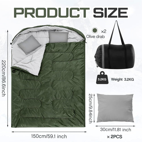2 Pack Double Sleeping Bag for Adults, Queen Size Two Person Camping Sleeping Bag with Pillow Waterproof 3 Season Cotton Fabric for Hiking Backpacking Warm & Cold Weather