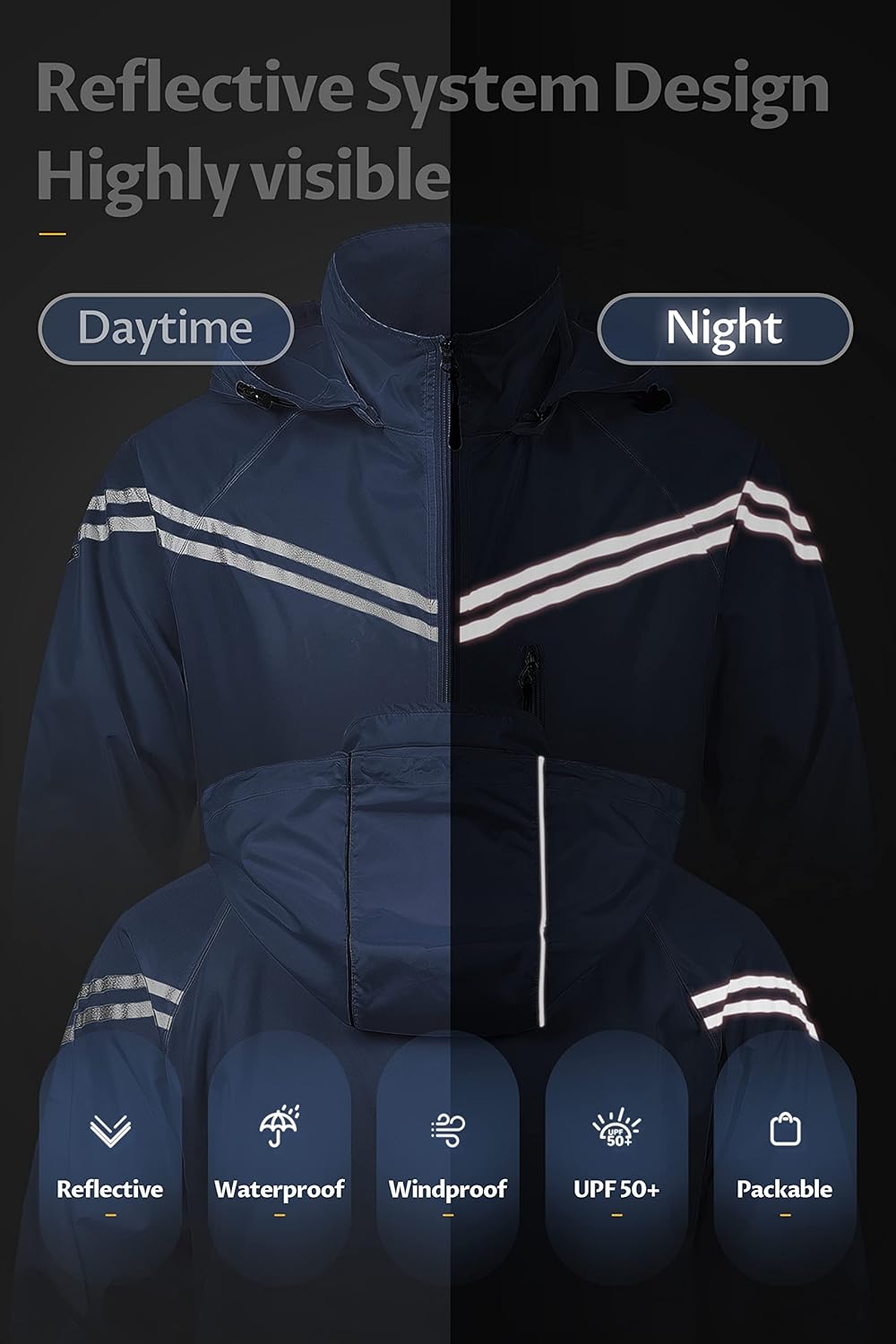 Men's Packable Waterproof Running Rain Coats Reflective Cycling Jacket Windbreaker With Removable Hood