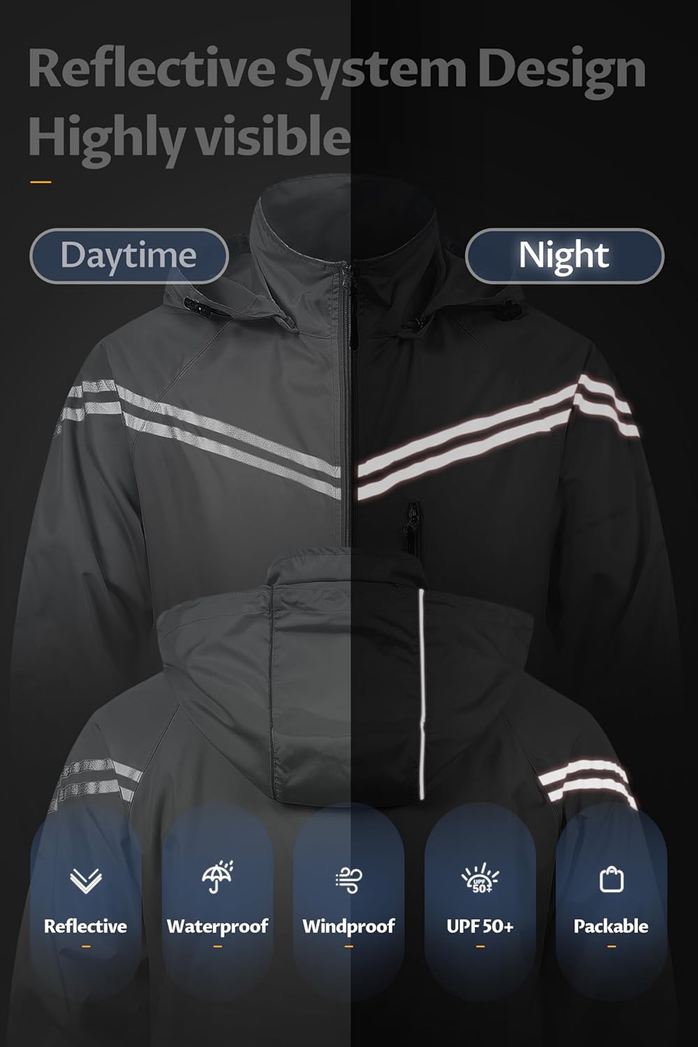 Men's Packable Waterproof Running Rain Coats Reflective Cycling Jacket Windbreaker With Removable Hood