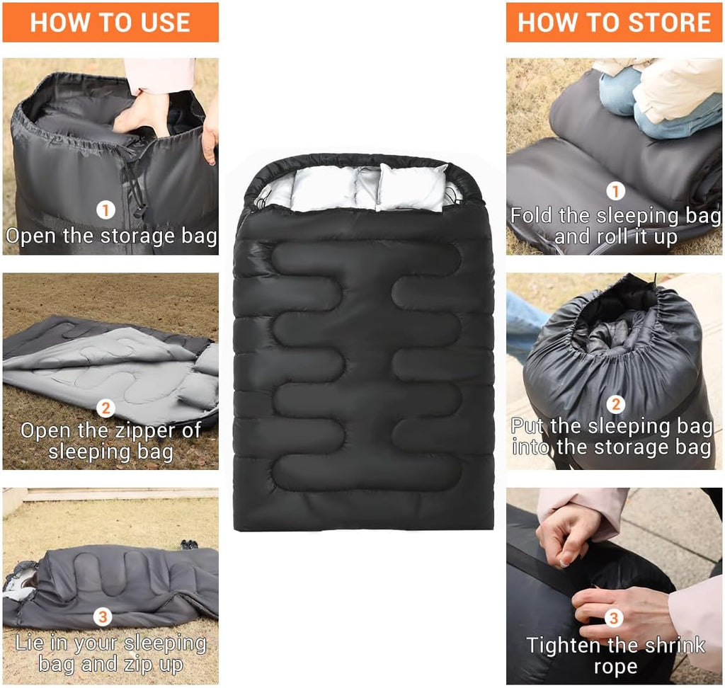 Double Sleeping Bag for Adults Camping,Bring Pillow, XL Queen Size Sleeping Bags for 2 Person Hiking Backpacking, Lightweight Waterproof with Compression Sack