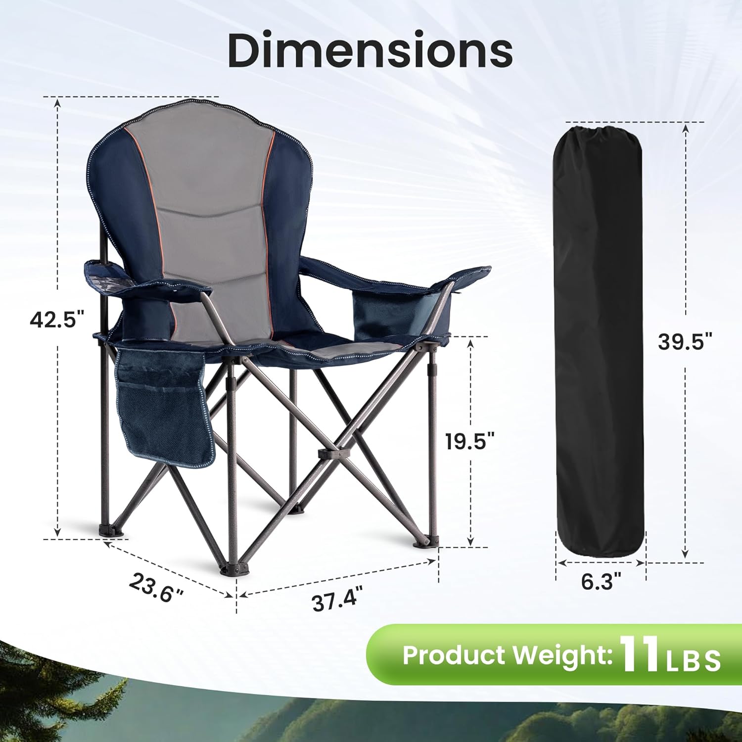Oversized Camping Chair Heavy Duty- Portable Folding Chair, Cup Holder & Waterproof Phone Case for Adults, Beach, Hiking, Backyard (Blue & Gray, 1 PCS)