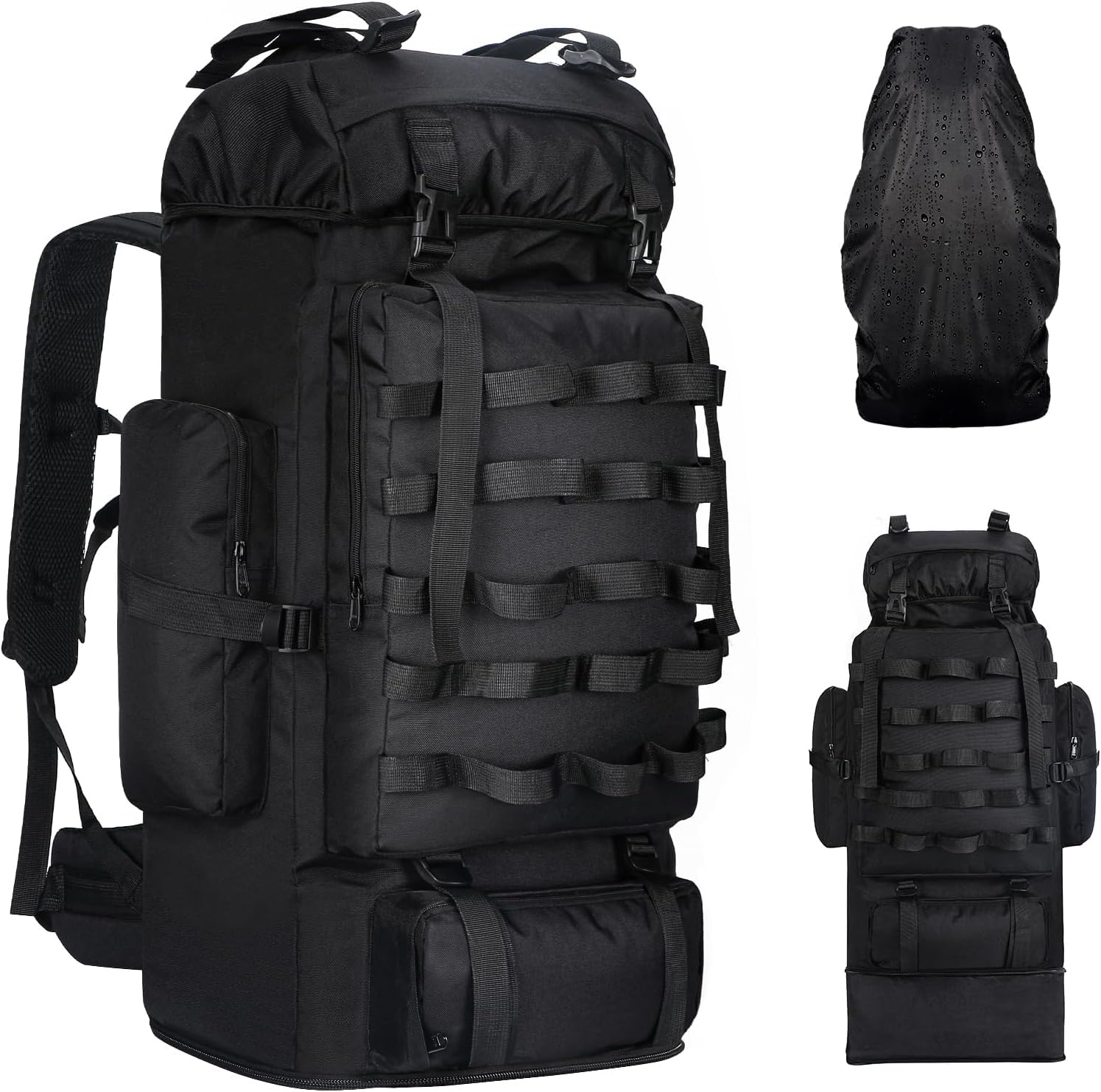 70L/100L Camping Hiking Backpack with Rain Cover, Expandable Large   Backpack, Waterproof  Racksack Travel Backpacking Daypack for Climbing Trekking (Black)