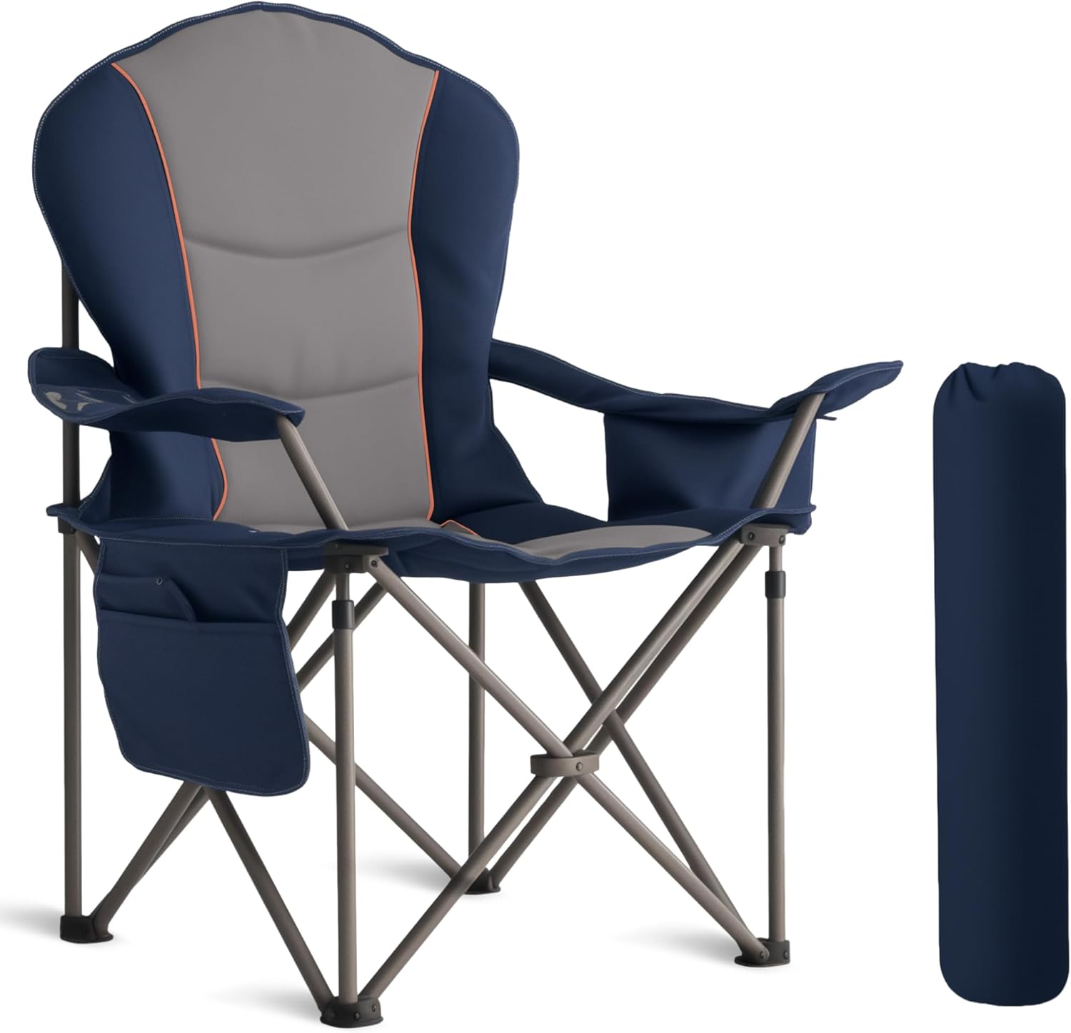 Oversized Camping Chair Heavy Duty- Portable Folding Chair, Cup Holder & Waterproof Phone Case for Adults, Beach, Hiking, Backyard (Blue & Gray, 1 PCS)